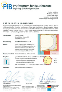 VariNova kutije za rolete - certifikat toplinske prolaznosti